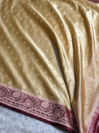 Banarasi Satin Katan Saree Floral Booti Pattern in Contrast Tusser / Garnet Shades SK153