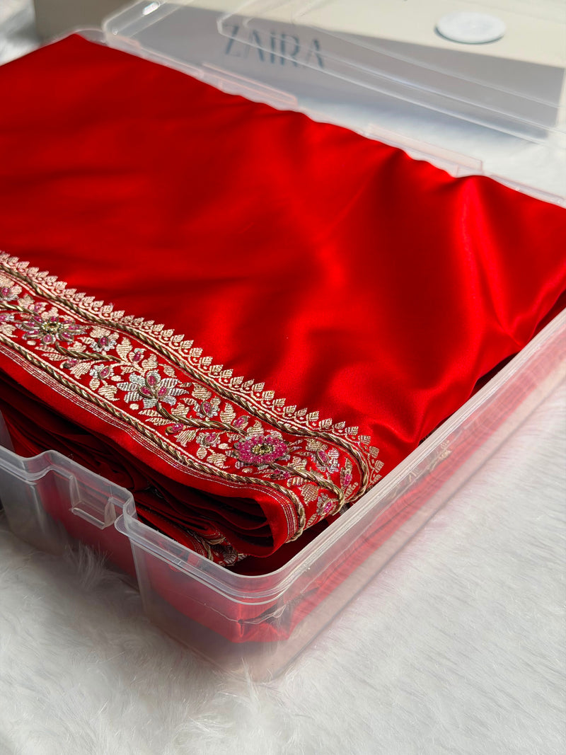 Red Shades Plain Banarasi With Minakari Ari Zardozi Work Floral Border Mashru Silk Saree BMS123