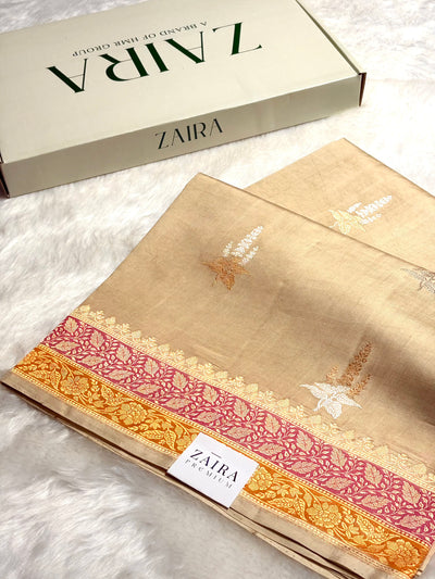 Tusser Shades Contrast Border Meena Boota Handwoven Pure Katan Paper Silk RM-36