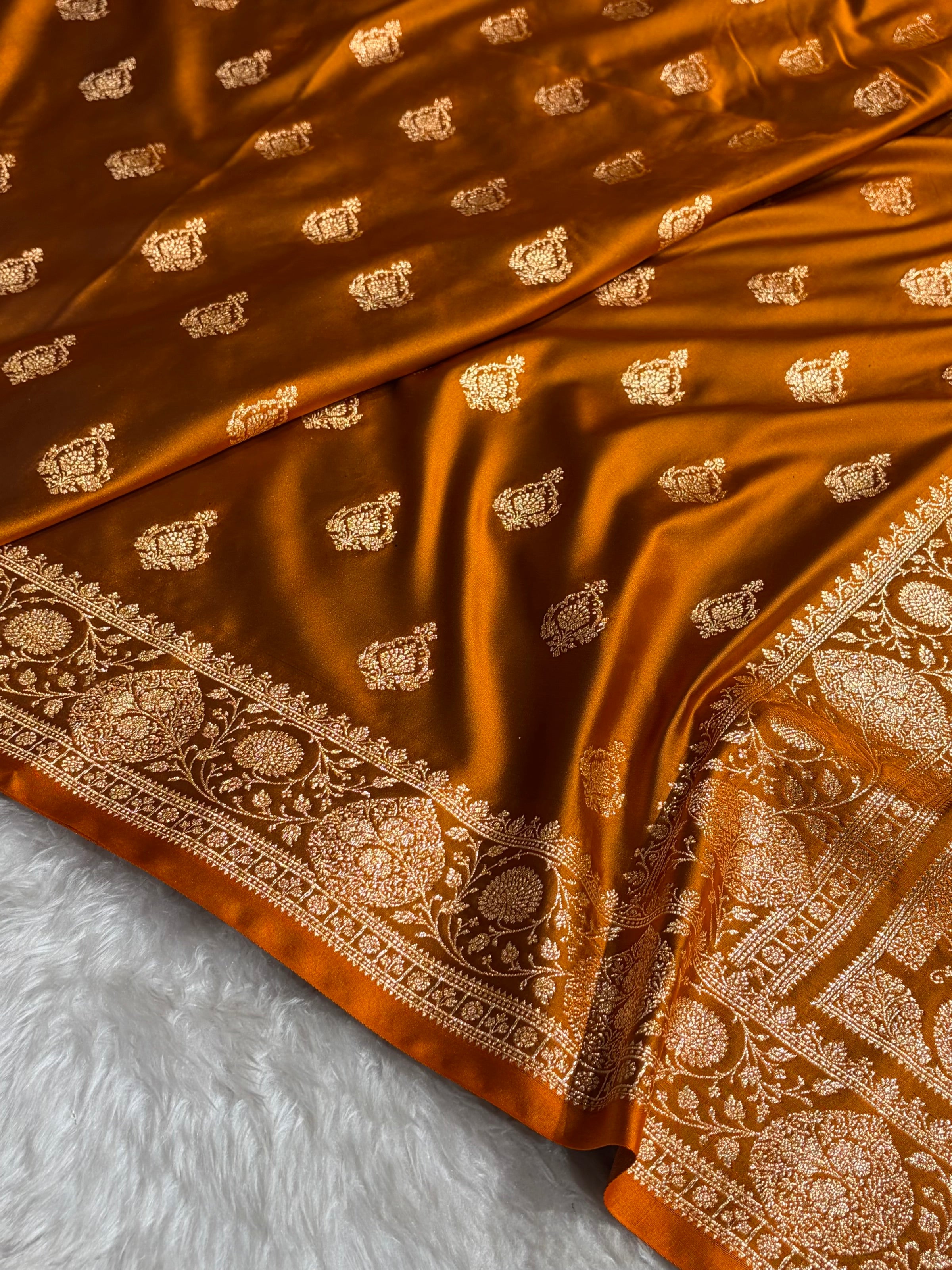 Banarasi Satin Katan Saree With Boota in Rust Shades SK98