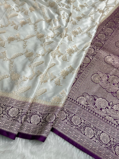 Contrast White-Purple Combination Jaal Mashru Silk Saree