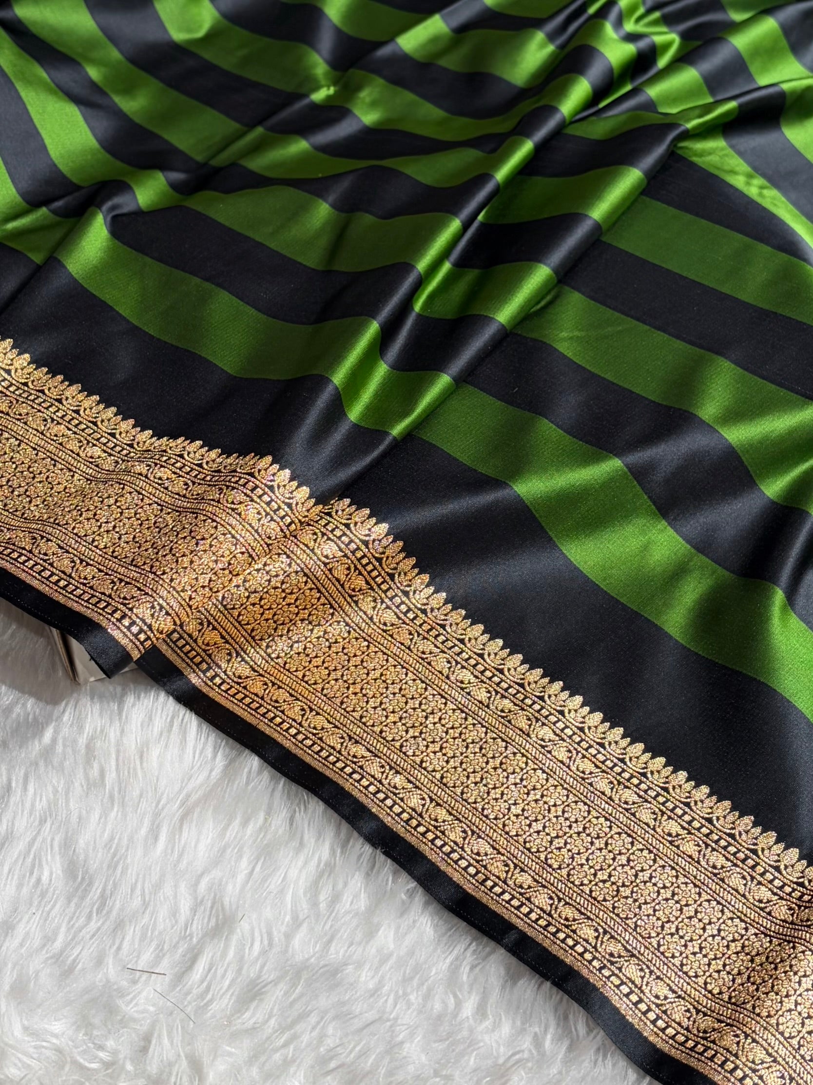 Bottle Green With Black Horizontal Strips Floral Border & Brocade Blouse Mashru Silk Saree MSM-84