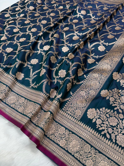 German Blue Jaal Pattern Mashru Silk Saree