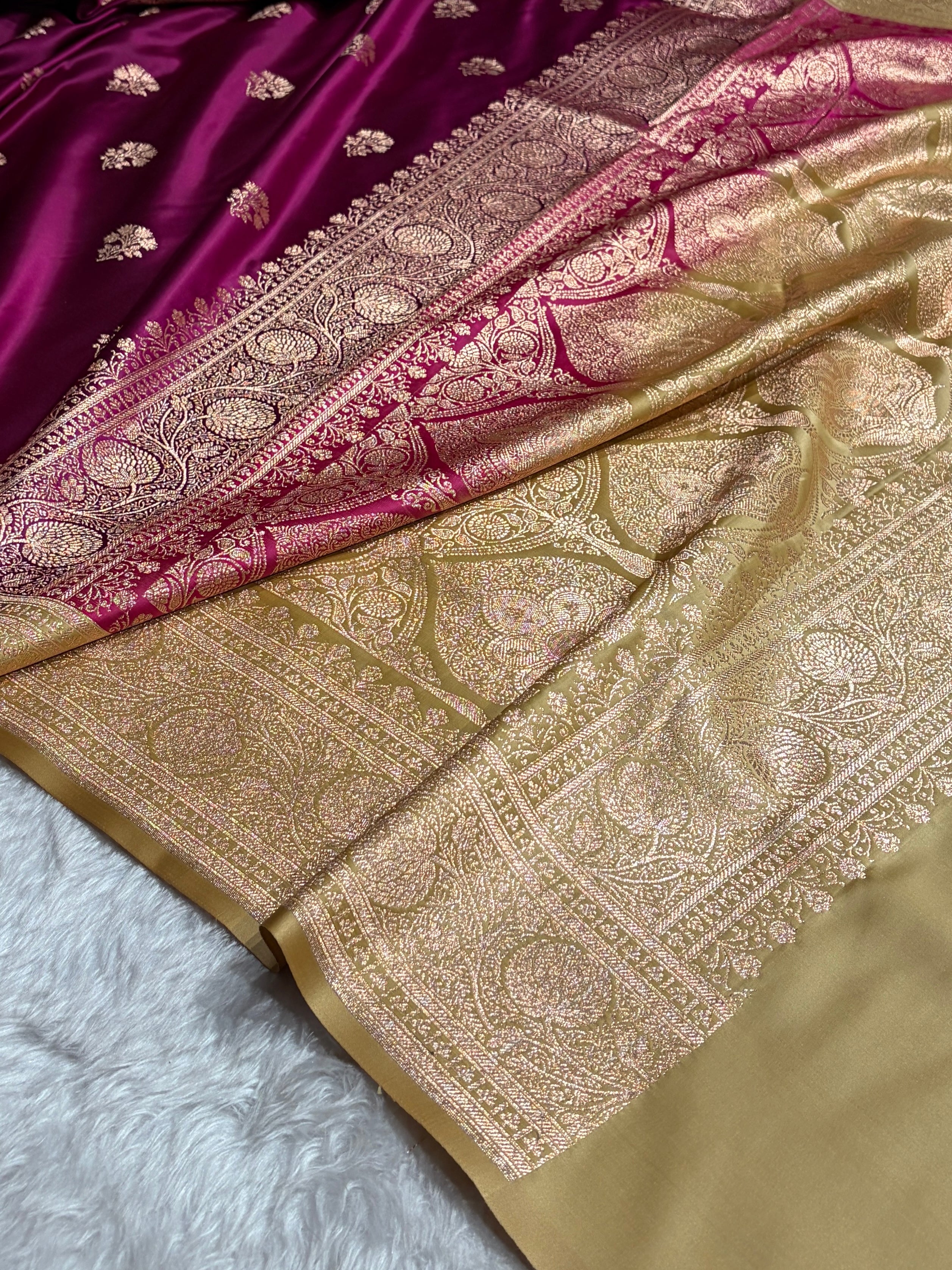 Wine - Cream Banarasi Boota Katan Silk Saree SKM29