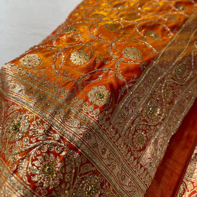 Fire Gold Satin Jaal with Ari and Stone