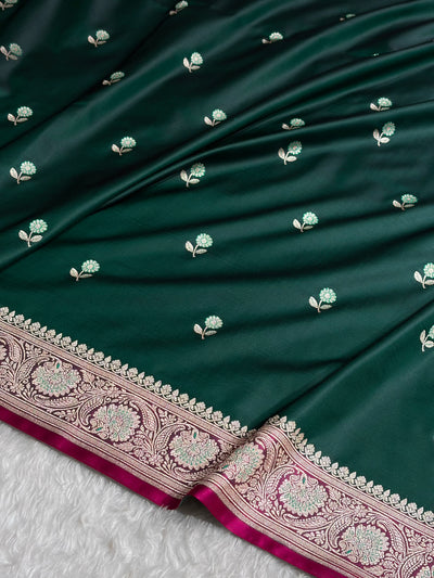 Dark Bottle Green / Rani Shades Banarasi Booti Pattern Mashru Silk Saree MSM-137