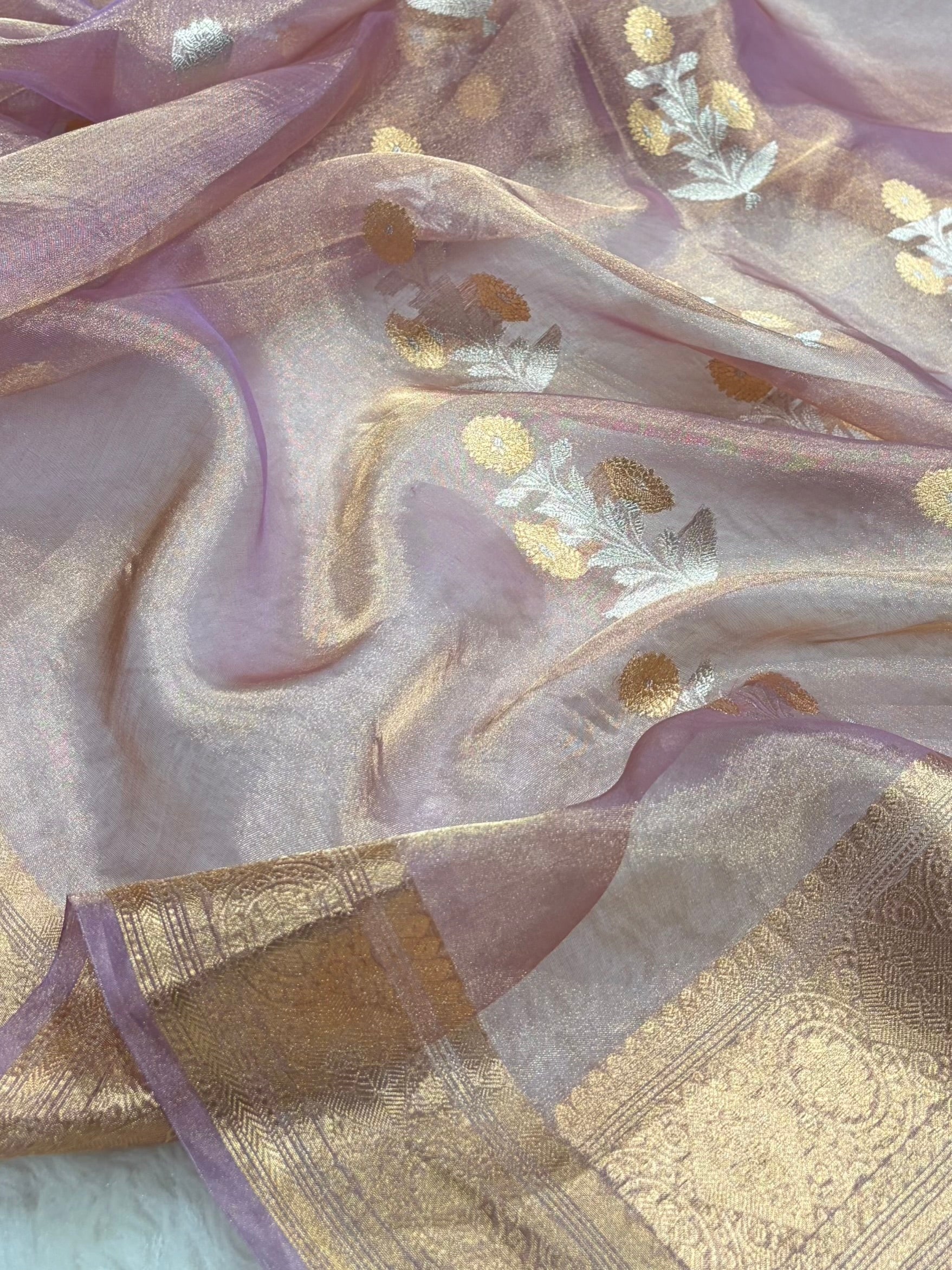 Pinkish Lavender Bananasi Floral Shades Pure Tissue Silk Saree PT-37