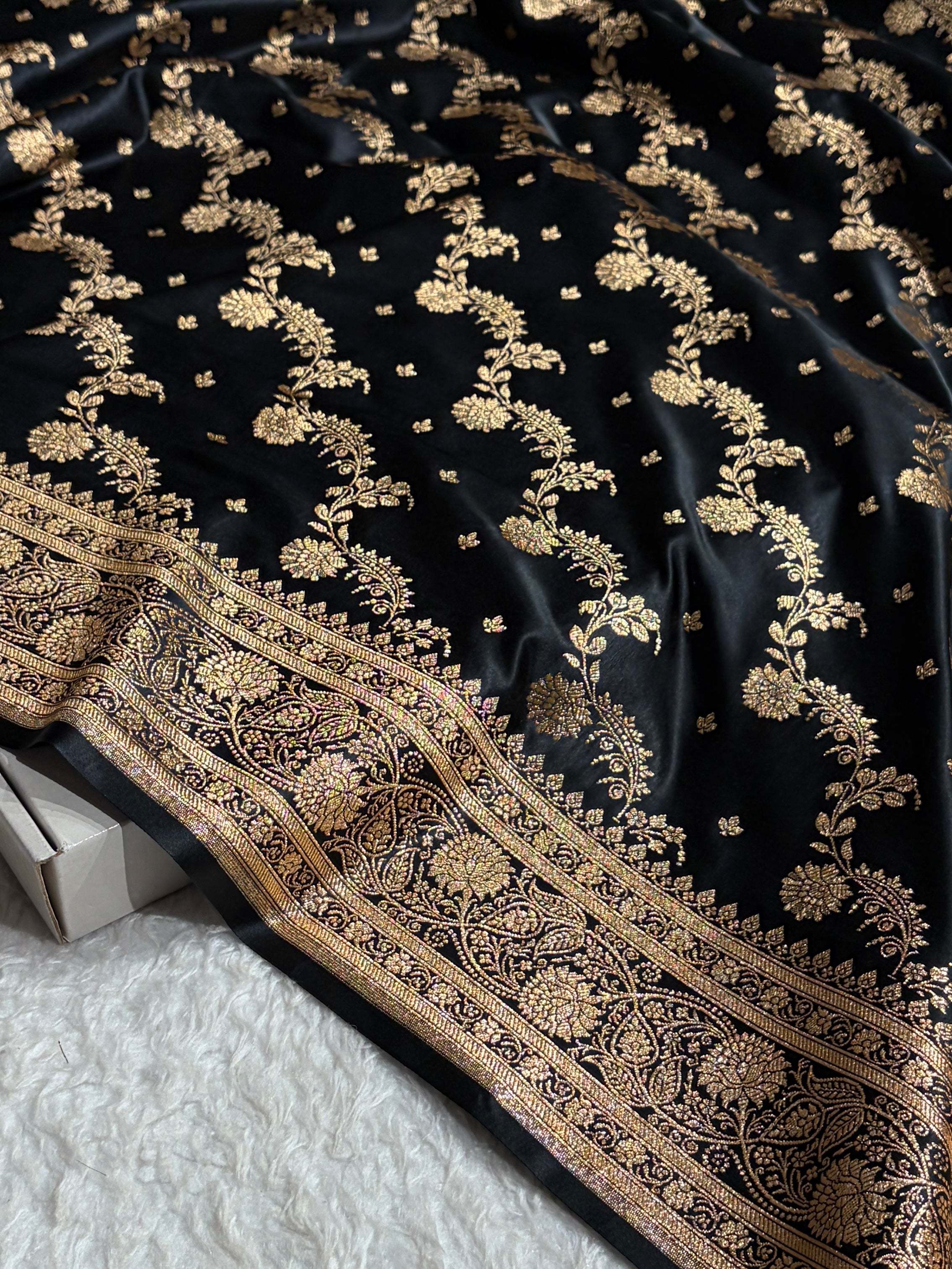 Banarasi Satin Katan Saree With Jaal Pattern in Black Shades SK121