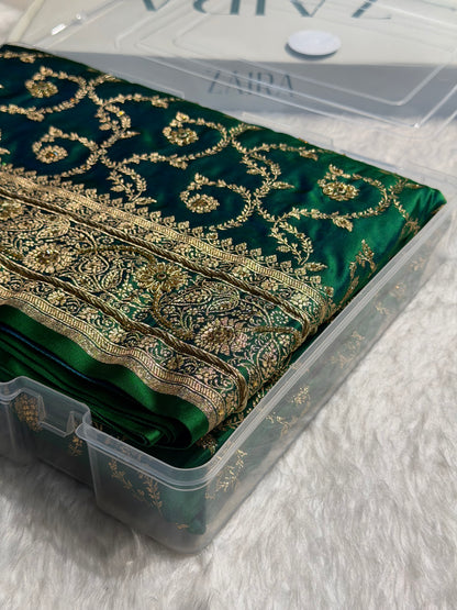 Banarasi Mehandi Booti Pattern With Swarovski Stone Work Satin Katan Silk Saree BSK55