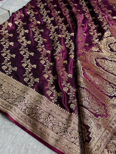 Wine Shades Banarasi Cross Jaal With Stone Work Satin Silk Saree BSS11
