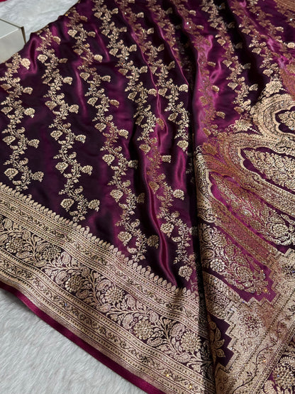 Wine Shades Banarasi Cross Jaal With Stone Work Satin Silk Saree BSS11