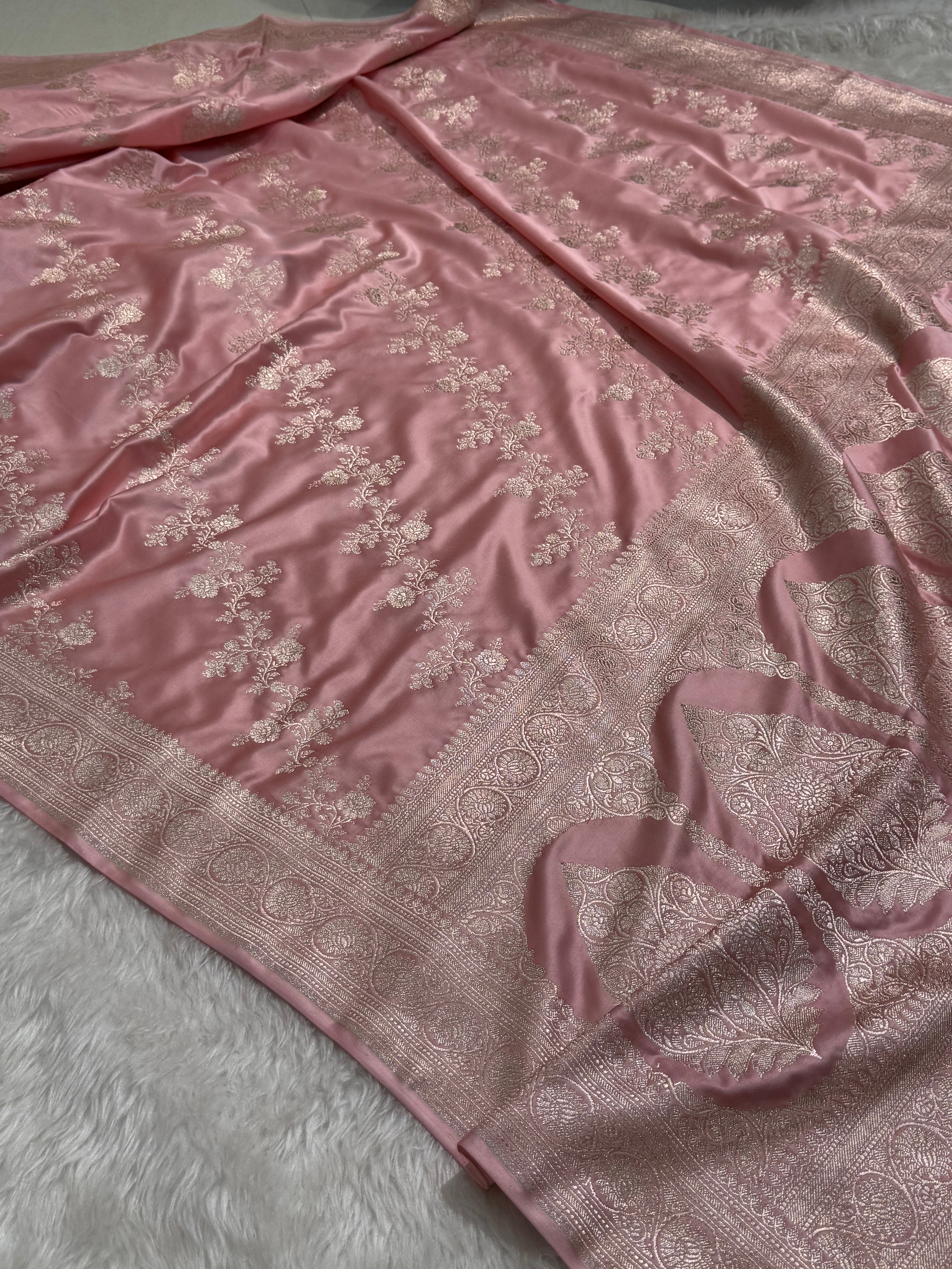 Baby Pink Banarasi Cross Mashru Silk Saree