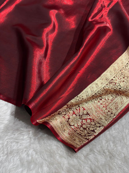 Maroon Shades Stripe Pattern Banarasi Satin Silk Saree SS46