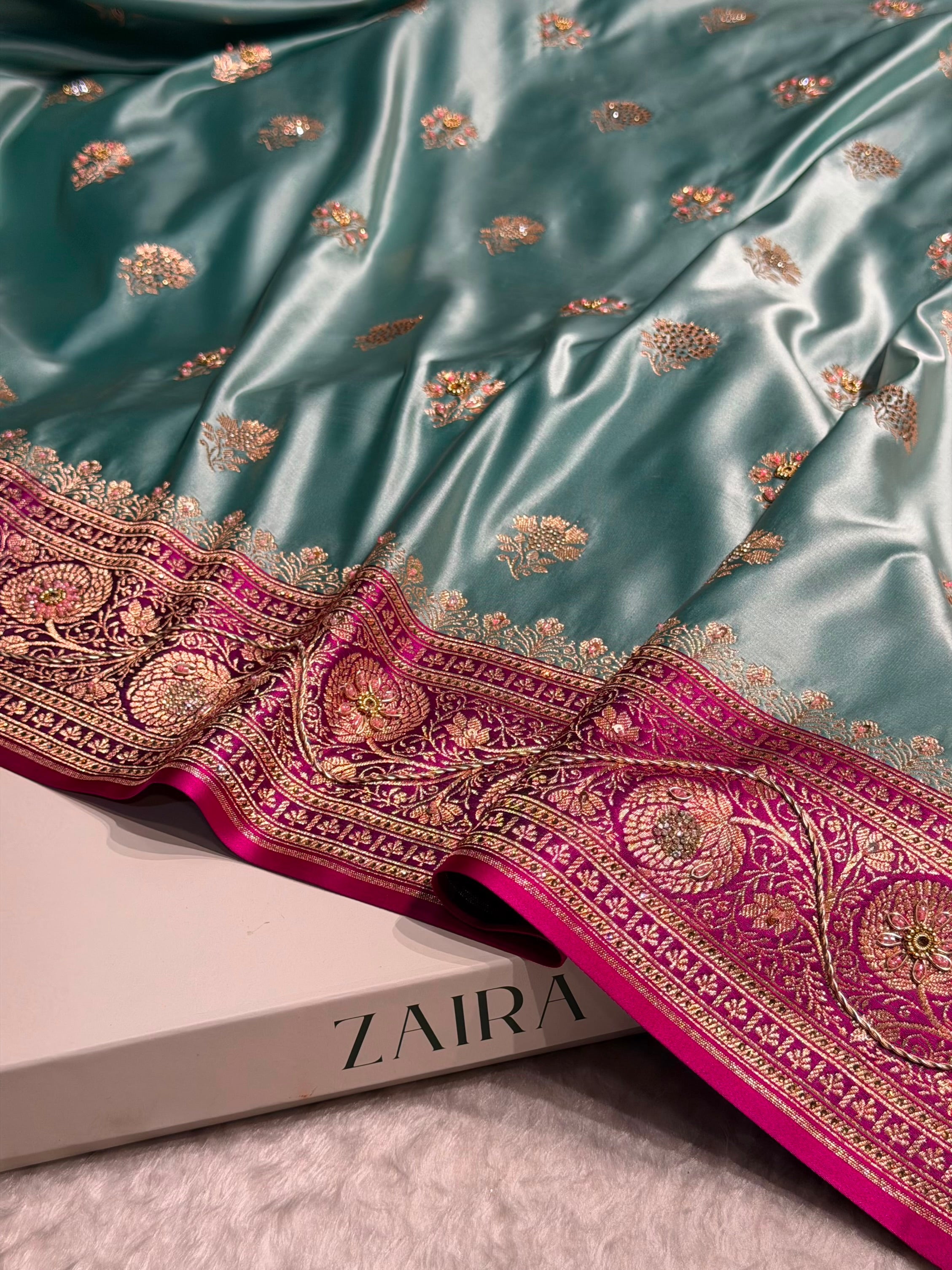Sea Green - Rani Banarasi Boota With Zardozi & Swarovski Work Katan Silk Saree BSKM29