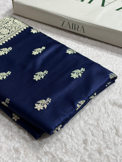Navy Blue Shades Banarasi Boota Pattern Floral Mashru Silk Saree MSM-120