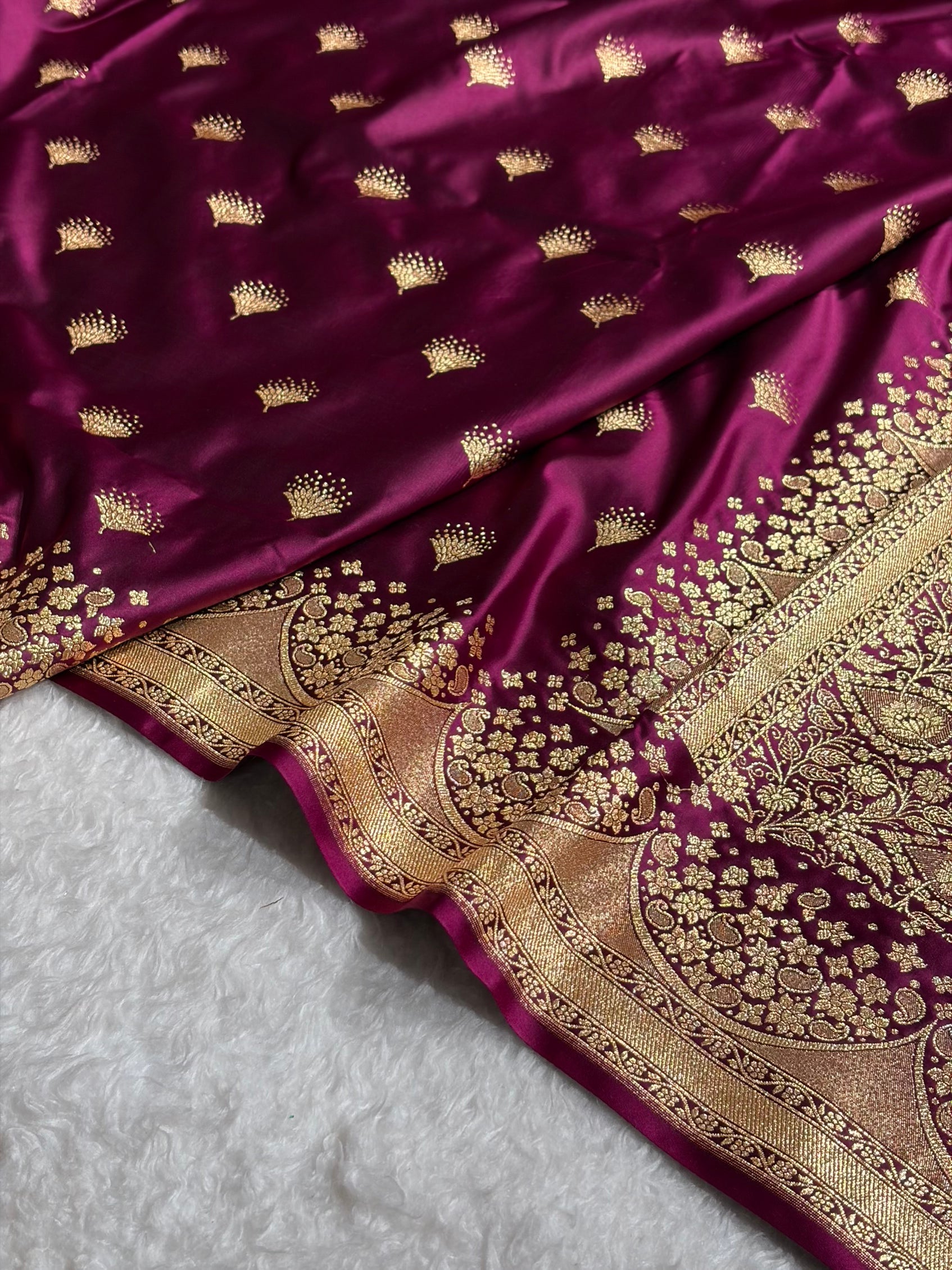 Wine Floral Banasari Pattern Satin Katan Silk Saree SK83