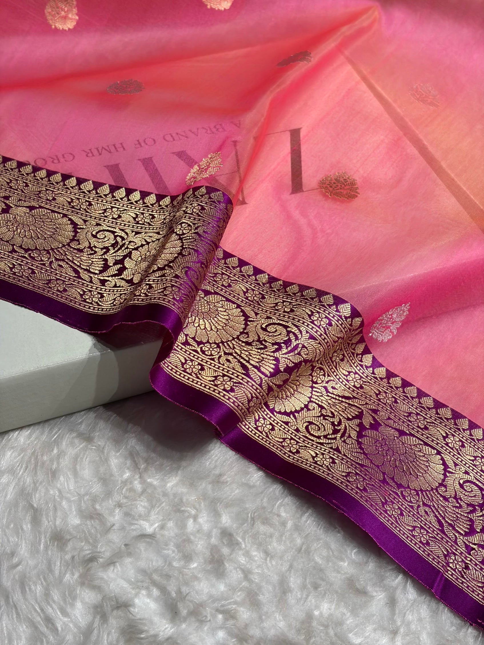 Contrast Pure Banarasi Organza Baby Pink With Wine Floral Banarasi Silk Saree PO-11