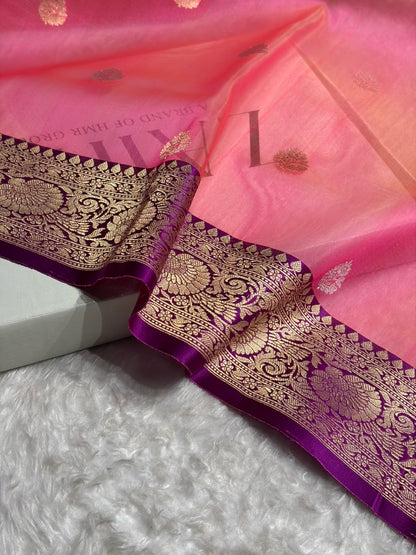 Contrast Pure Banarasi Organza Baby Pink With Wine Floral Banarasi Silk Saree PO-11