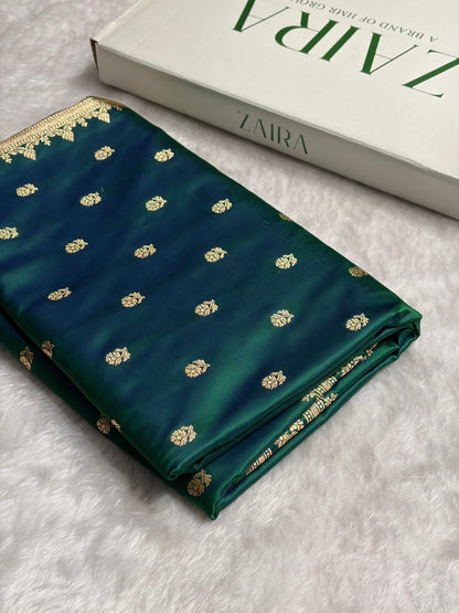 Cross Green Floral Pattern Satin Katan Silk Saree SK76