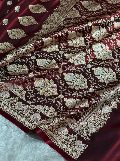 Banarasi Maroon Shades Minakari Booti Pattern Banarasi Satin Silk Saree SS60