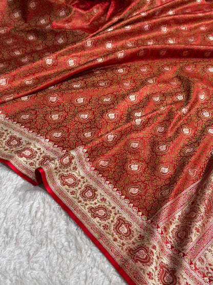 Red Jamawar Tanchoi With Minakari Jaal Katan Silk Saree SKTM-24