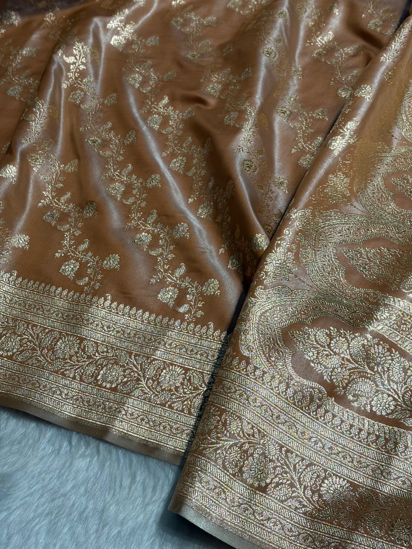 Tusser Shades Banarasi  Cross Jaal Satin Silk Saree SS11