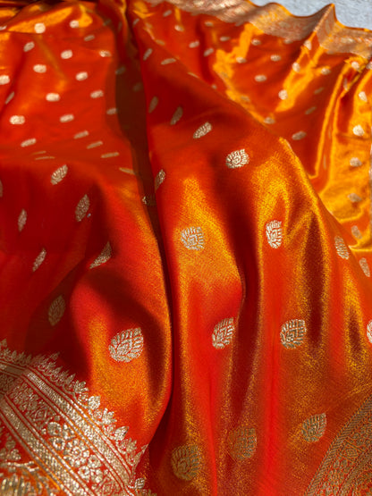 Orange Gold Shades Boota Pattern Banarasi Satin Silk Saree SS45