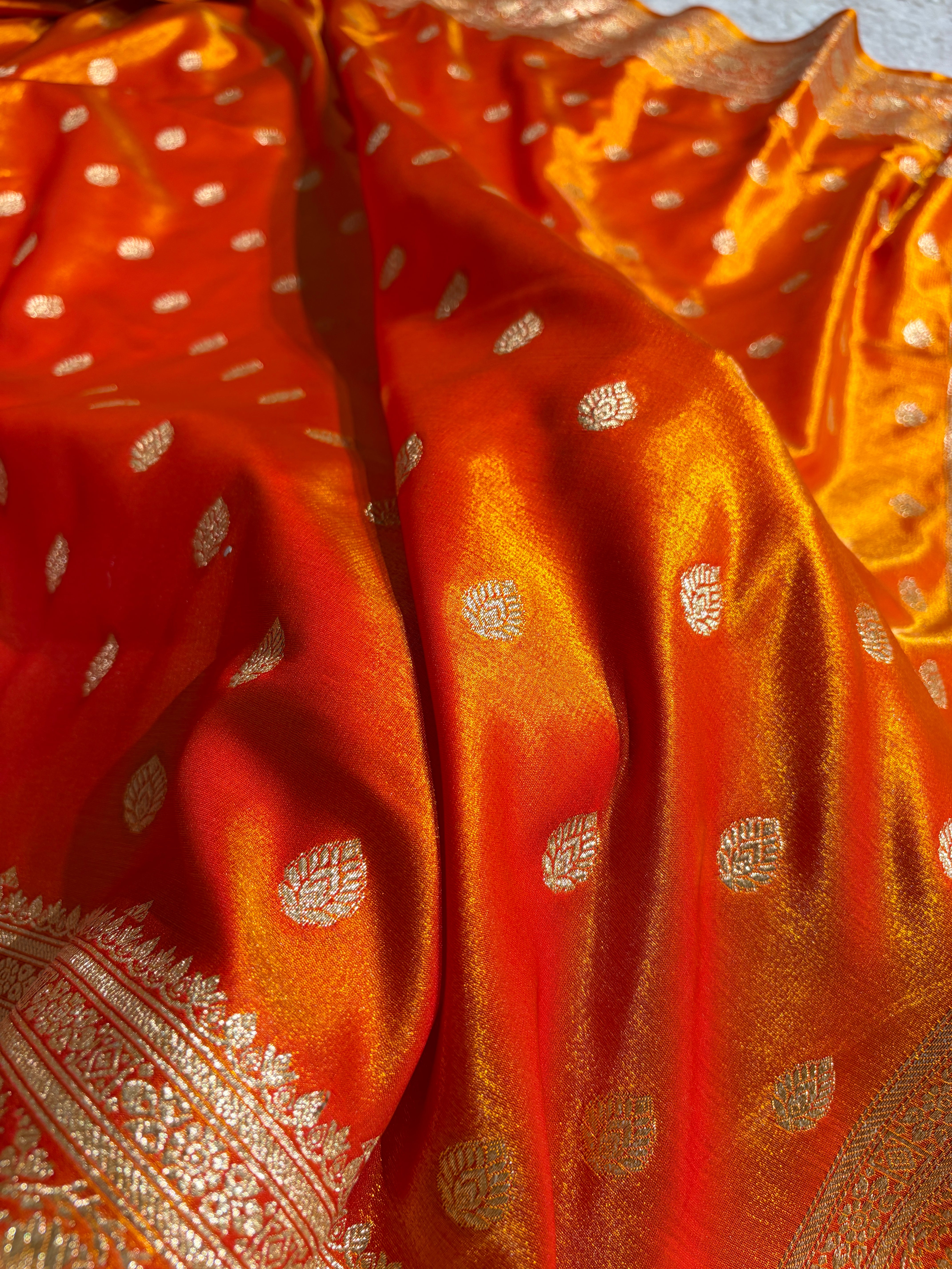 Orange Gold Shades Boota Pattern Banarasi Satin Silk Saree SS45