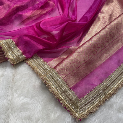 Semi Pure Tissue Silk Saree with Gotta Patti in Rani Pink Shades TGP13