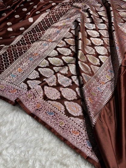 Chocolate Shades Minakari Floral Border Booti Mashru Silk Saree