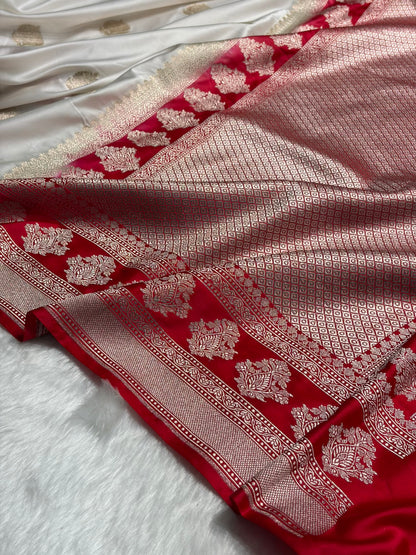 Contrast White With Red Boota Motif Mashru Silk Saree MS43