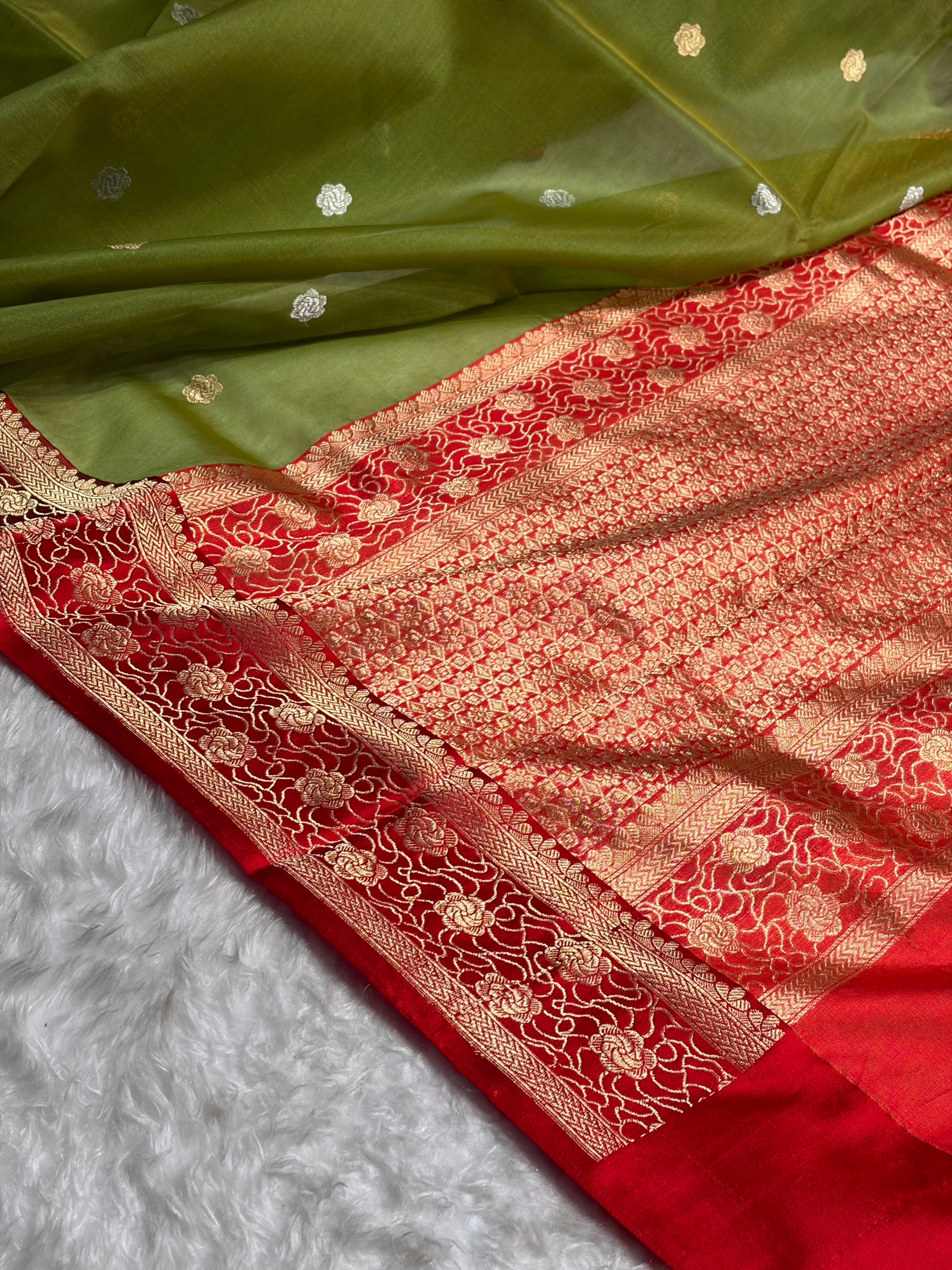 Contrast Banarasi Pure Organza Pista Green With Red Floral Banarasi Silk Saree PO-10