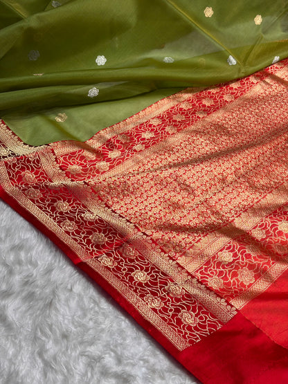 Contrast Banarasi Pure Organza Pista Green With Red Floral Banarasi Silk Saree PO-10