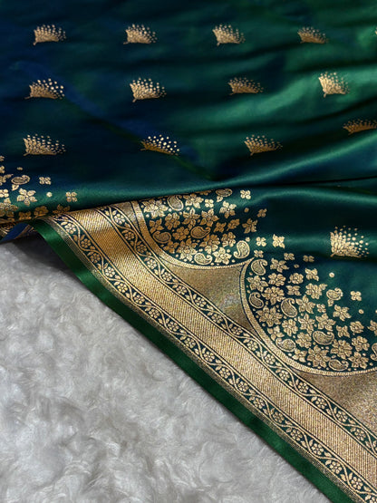Cross Green Floral Banasari Pattern Satin Katan Silk Saree SK83
