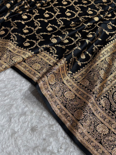 Black Floral Jaal Pattern Satin Katan Silk saree SK55