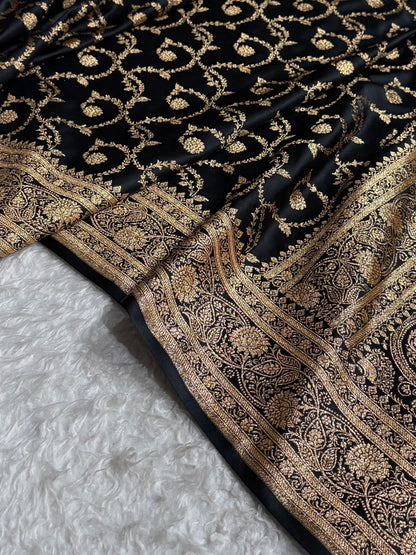 Black Floral Jaal Pattern Satin Katan Silk saree SK55
