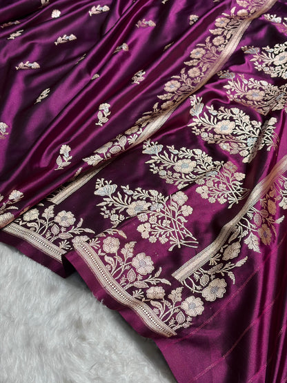 Banarasi Wine Boota With Floral Border Mashru Silk Saree MSM-88