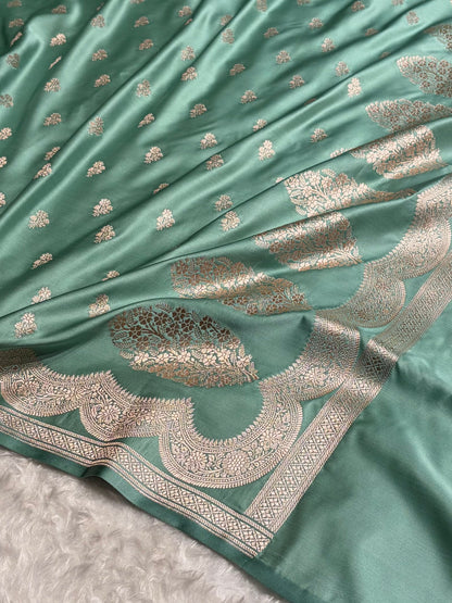 Sea Green Scallop Booti Mashru Silk Banarasi Saree MSM-35