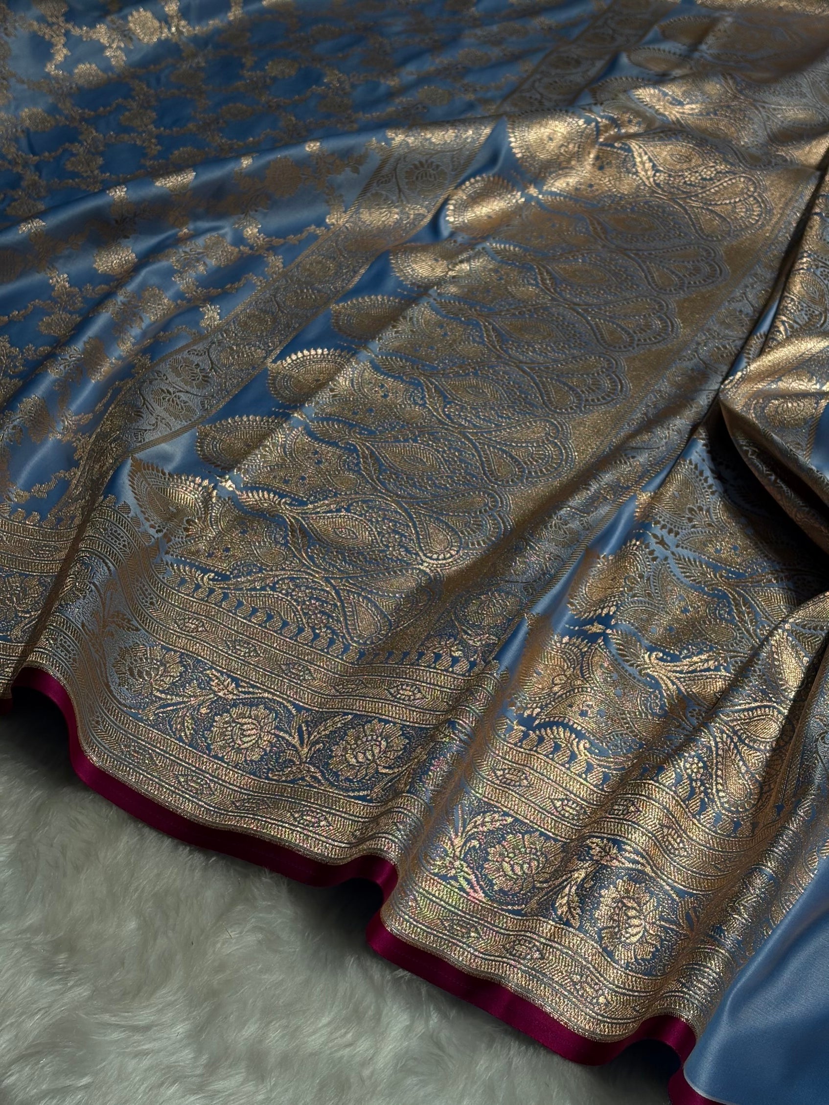Nile Blue Jaal Pattern Satin Katan Silk Saree SK25
