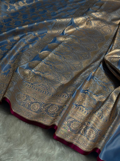 Nile Blue Jaal Pattern Satin Katan Silk Saree SK25