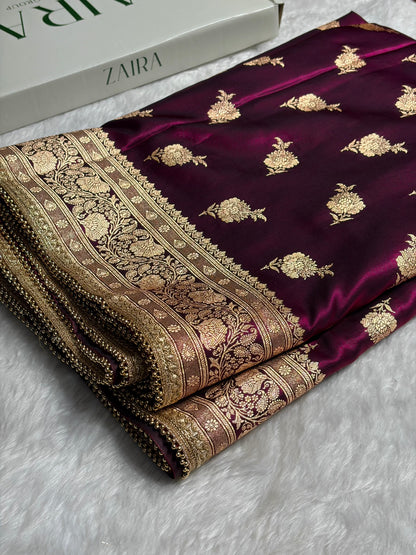 Banarasi Satin Silk Saree With Gotta Patti Floral Boota in Wine Shades SSGP26