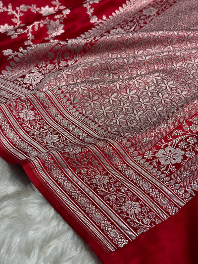 Ruby Red Floral Jaal Mashru Silk Saree MCS07