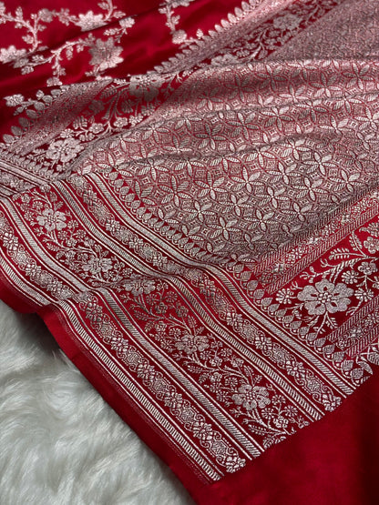 Ruby Red Floral Jaal Mashru Silk Saree MS07