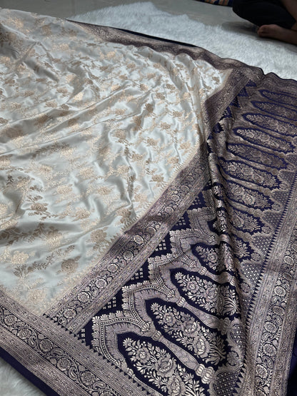 Contrast Navy- White Combination Jaal Mashru Silk Saree
