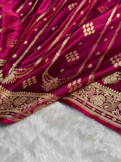 Pinkish Purple Floral Boota Pattern Satin Katan Silk saree SK39