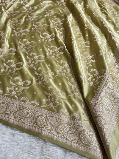 Pista Shades Banarasi With Floral Jaal Pattern Mashru Silk Saree MSM-134