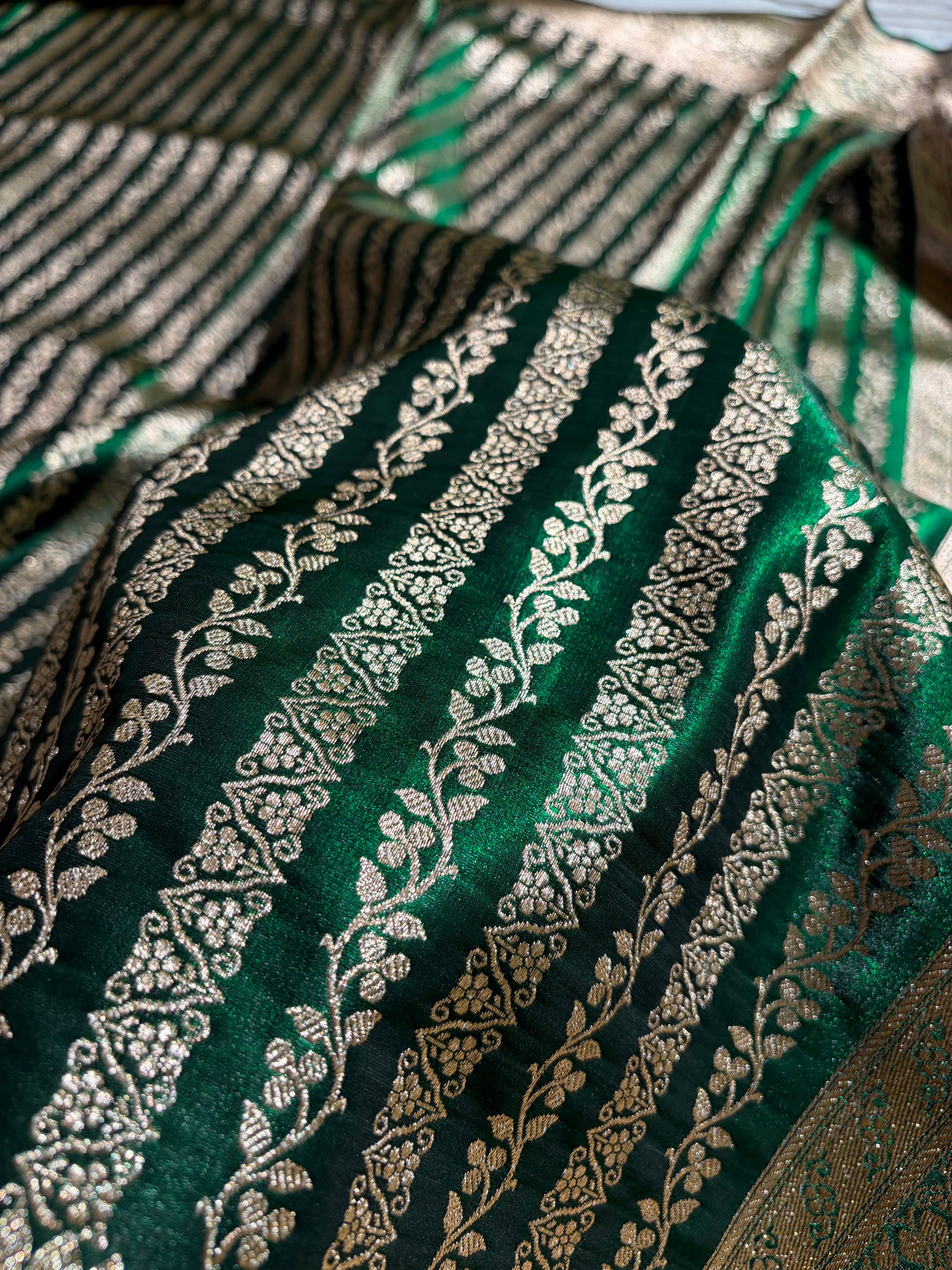 Bottle Green Shades Stripe Pattern Banarasi Satin Silk Saree SS46