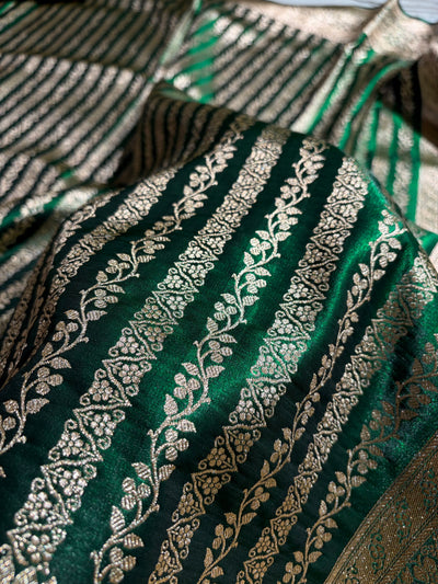 Bottle Green Shades Stripe Pattern Banarasi Satin Silk Saree SS46