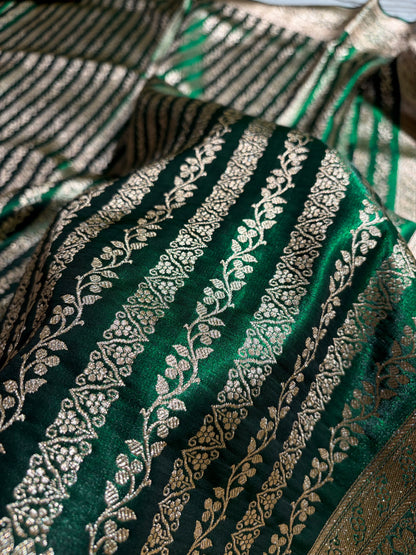 Bottle Green Shades Stripe Pattern Banarasi Satin Silk Saree SS46
