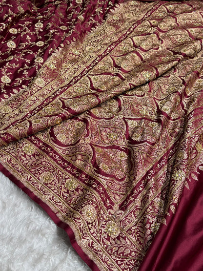 Garnet Shades Banarasi With Ari Zardozi Work Jaal Katan Silk Saree BSKM37